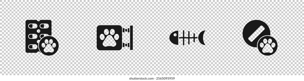 Set Dog pill, Veterinary clinic, Fish skeleton and  icon. Vector