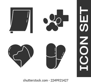 Set Dog and pills, Door for pet, Heart with cat and Veterinary clinic symbol icon. Vector