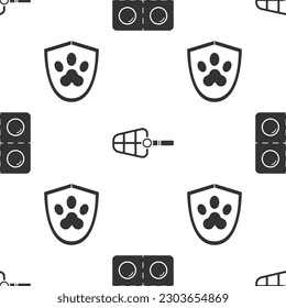 Set Dog and pills, Dog muzzle and Animal health insurance on seamless pattern. Vector