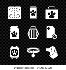Set Dog and pills, Online veterinary clinic symbol, Pet first aid kit, Bag of food for pet, Collar with name tag,  and carry case icon. Vector