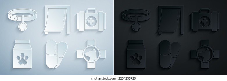 Set Dog and pills, Pet first aid kit, Bag of food for pet, Veterinary clinic symbol, Door and Collar with name tag icon. Vector