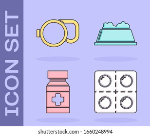 Set Dog and pills, Retractable cord leash, Dog medicine bottle and pills and Pet food bowl icon. Vector