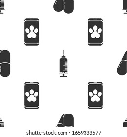 Set Dog and pills, Syringe with pet vaccine and Online veterinary clinic symbol on seamless pattern. Vector