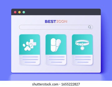 Set Dog and pills, Veterinary clinic symbol and Collar with name tag icon. Vector