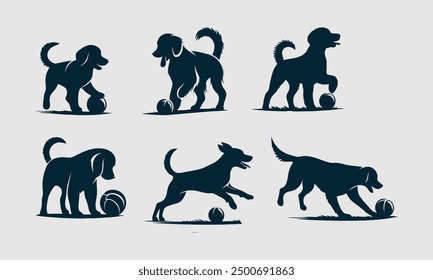 set of dog playing ball silhouette	
