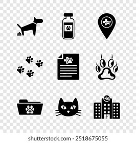 Set Dog pooping, Animais de estimação frasco médico, Localização veterinária, Pasta de registro médico, Gato e Veterinária ícone do hospital medicina. Vetor