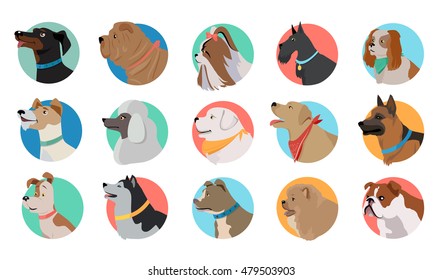 Set of dog round icons. Dog breed set. Different type of dogs. Icon collection for dog club, pet clinic and pet shop. Dog avatar. Isolated vector illustration on white background.