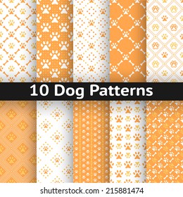 Set of dog seamless vector pattern of paw footprint in repeating rhombus. Orange and white colors.
