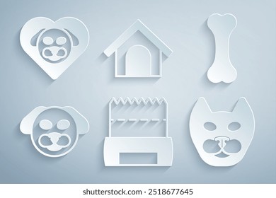 Conjunto de mierda de perro en bolsa, hueso, gato, casa y corazón con icono de perro. Vector