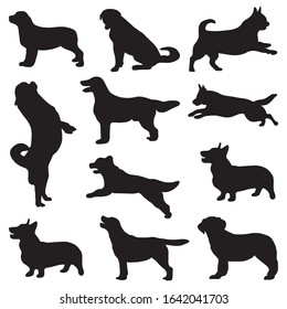 set dog silhouette activities vector