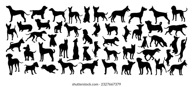 Set of dog silhouette vector. Dogs and puppies in different breed, corgi, golden retriever, poses, sitting, standing, jump. Hand drawn pet animals for pet shop, logo design, decorative, sticker