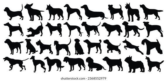 Set of dog silhouette vector. Dogs and puppies in different breed, corgi, golden retriever, poses, sitting, standing, jump. Hand drawn pet animals for pet shop, logo design, decorative, sticker