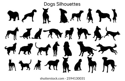 Set of dog silhouette vector. Dogs and puppies in different breed, corgi, golden retriever, poses, sitting, standing, jump. Hand drawn pet animals for pet shop, logo design, decorative, sticker 