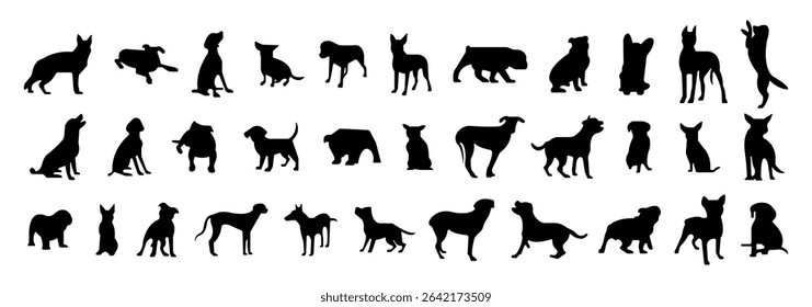 Set of dog silhouette vector. Dogs and puppies in different breed, corgi, golden retriever, poses, sitting, standing, jump. Hand drawn pet animals for pet shop, logo design, decorative, sticker