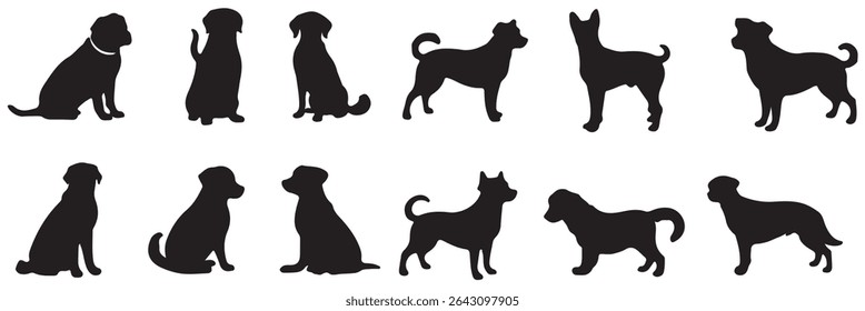 Set of dog silhouette vector. Dogs and puppies in different breed, corgi, golden retriever, poses, sitting, standing, jump. Hand drawn pet animals for pet shop, logo design, decorative, sticker. 