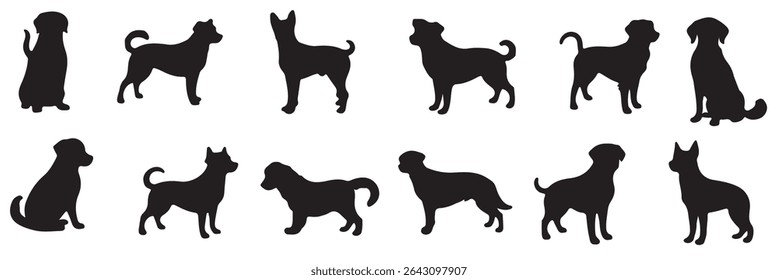 Set of dog silhouette vector. Dogs and puppies in different breed, corgi, golden retriever, poses, sitting, standing, jump. Hand drawn pet animals for pet shop, logo design, decorative, sticker. 