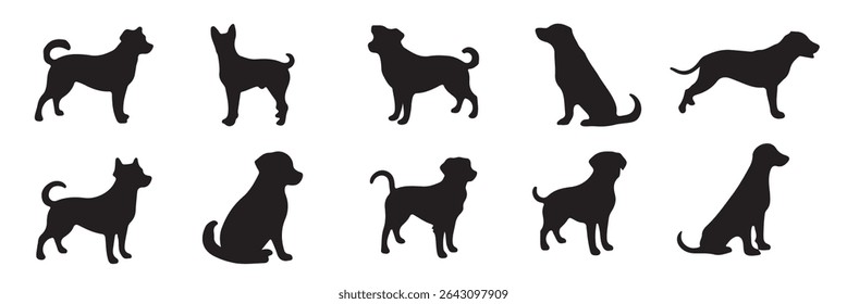 Conjunto de vetor de silhueta de cão. Cães e filhotes em diferentes raças, corgi, golden retriever, poses, sentado, em pé, saltar. Animais de estimação desenhados à mão para pet shop, design de logotipo, decorativo, adesivo. 