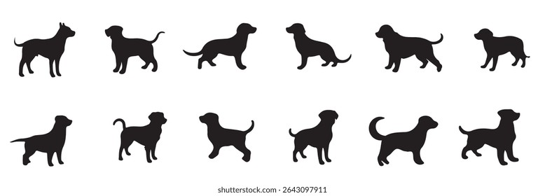 Set of dog silhouette vector. Dogs and puppies in different breed, corgi, golden retriever, poses, sitting, standing, jump. Hand drawn pet animals for pet shop, logo design, decorative, sticker. 