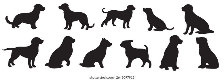 Set of dog silhouette vector. Dogs and puppies in different breed, corgi, golden retriever, poses, sitting, standing, jump. Hand drawn pet animals for pet shop, logo design, decorative, sticker. 