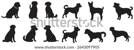 Set of dog silhouette vector. Dogs and puppies in different breed, corgi, golden retriever, poses, sitting, standing, jump. Hand drawn pet animals for pet shop, logo design, decorative, sticker. 