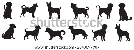Set of dog silhouette vector. Dogs and puppies in different breed, corgi, golden retriever, poses, sitting, standing, jump. Hand drawn pet animals for pet shop, logo design, decorative, sticker. 
