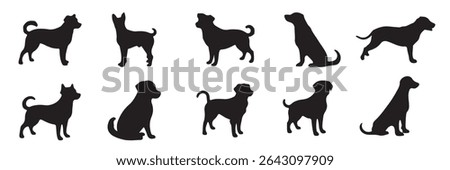 Set of dog silhouette vector. Dogs and puppies in different breed, corgi, golden retriever, poses, sitting, standing, jump. Hand drawn pet animals for pet shop, logo design, decorative, sticker. 