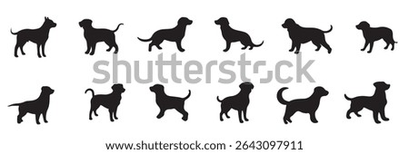 Set of dog silhouette vector. Dogs and puppies in different breed, corgi, golden retriever, poses, sitting, standing, jump. Hand drawn pet animals for pet shop, logo design, decorative, sticker. 