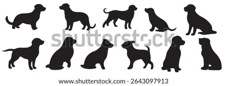 Set of dog silhouette vector. Dogs and puppies in different breed, corgi, golden retriever, poses, sitting, standing, jump. Hand drawn pet animals for pet shop, logo design, decorative, sticker. 