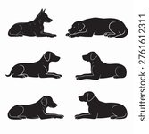Set of dog silhouette vector illustrations featuring different dog poses such as sitting, resting, and lying down. Black dog silhouettes isolated on white background, perfect for pet related designs, logos, animal themes, veterinary graphics, stickers, craft projects, laser cutting, and decorative illustrations.