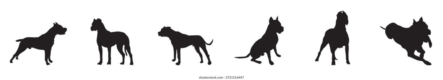 Un conjunto de Vector de silueta de perro, siluetas de pose de perro de mascota conjunto aislado Ilustración vectorial plana sobre fondo blanco. Ilustración vectorial.