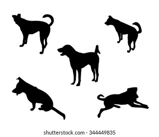 Set of dog silhouette white background