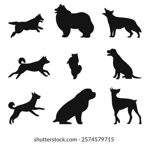 Set of dog silhouettes. Black decorative icons. Running dachshund, labrador and sitting bulldog. Cute domestic animals. Doodle sketch art. Funny active pets. Veterinary logo. Vector set