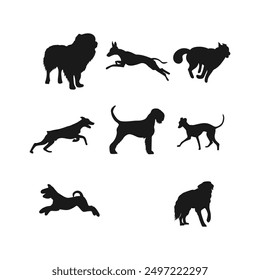 Set of dog silhouettes in different poses. Various breeds isolated on white.