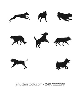 Set of dog silhouettes in different poses, running, jumping, playing. Vector illustration.