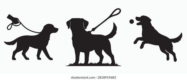 Set of dog silhouettes illustrating everyday pet activities, including leash walking, standing with a lead, and leaping after a ball, isolated on a white background.