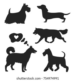  Set of dog silhouettes on the white background. Vector illustration.