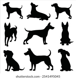 Set of dog silhouettes in various poses. isolated vector on white background