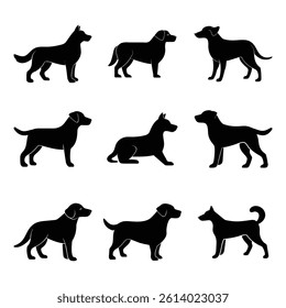 Set of dog silhouettes in vector style with various position
