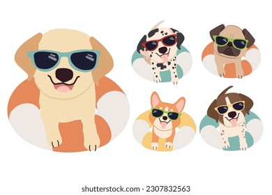 Set of dog with sunglasses and floating ring, air mattress for summer