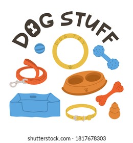 Set of dog supplies for playing, sleeping, walking and eating. Everything for the comfort of a pet's life. Vector hand drawing.
