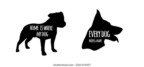 Set Dog Svg Vector File - head isolated on white. Hand drawn inspirational quotes about dogs. Lettering for poster, t-shirt, card, invitation, sticker, Modern brush calligraphy, Isolated on white back