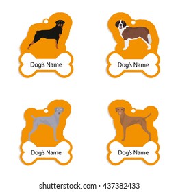 Set of dog tags with text and different illustrations of dog breed
