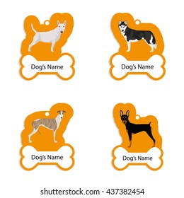 Set of dog tags with text and different illustrations of dog breed