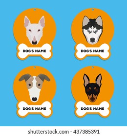 Set of dog tags with text and different illustrations of dog breed
