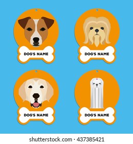 Set of dog tags with text and different illustrations of dog breed