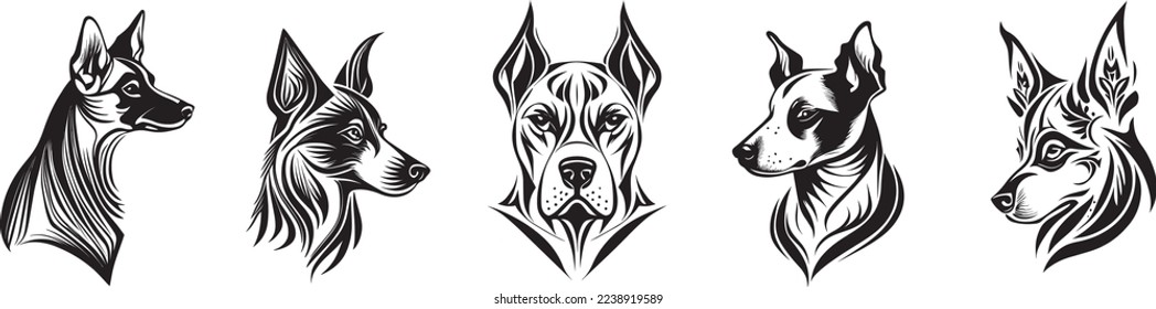 Set of dog tattoos. Isolated vector illustrations on white background. Collection of different pets. Species design.  Set #3