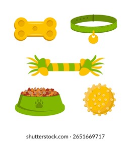 Set of dog toys based on cartoons. Pet products, play accessories for puppies. Rope with knots, ball, collar