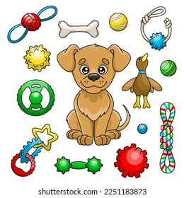 Set of dog toys. Collection of game products and accessories for pet shop. Balls, bones and other play supplies for domestic animals. Colorful vector isolated illustrations in cartoon style.