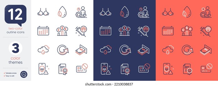 Set of Dog vaccination, Bra and Leaf dew line icons. Include Calendar, Smile, Atm money icons. Rainy weather, Inspect, Cyber attack web elements. Currency rate, Reload, Card. Pets medicine. Vector