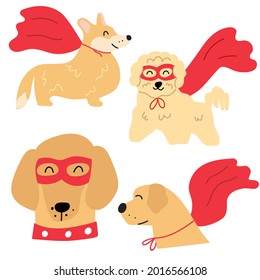 Set of dog wearing superhero costumes. Vector illustration on white background.